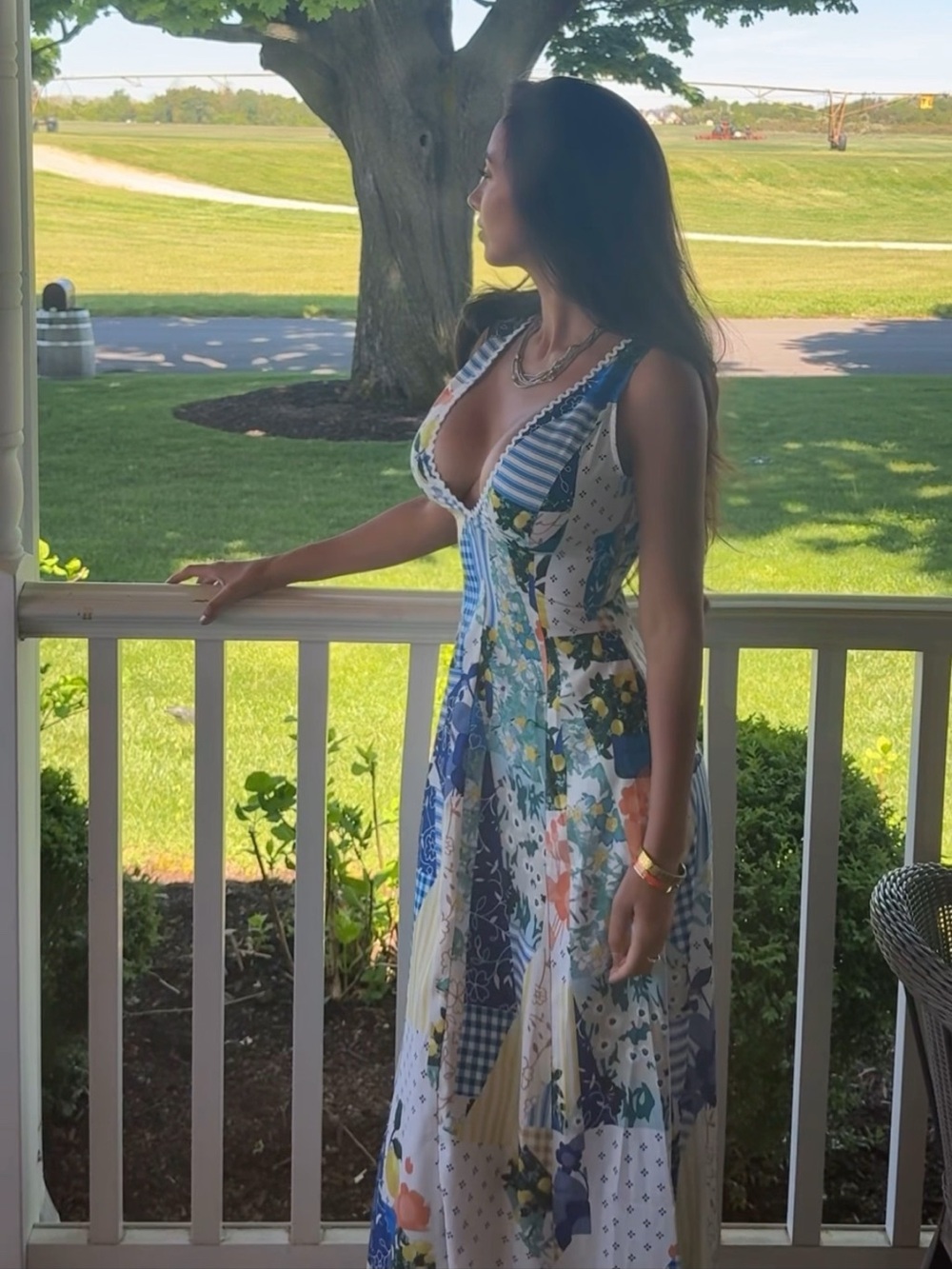 Commense Blue and Yellow Patchwork V-Neck Maxi Dress